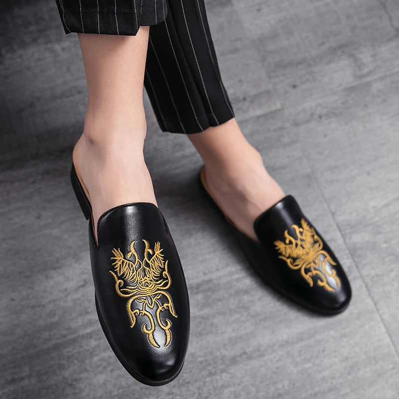 Regal Gold-Embroidered Mules