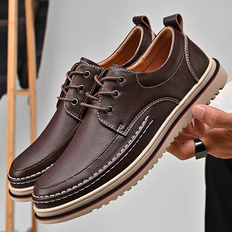 Leather Derby Shoes With Camel -Toned  Stitching